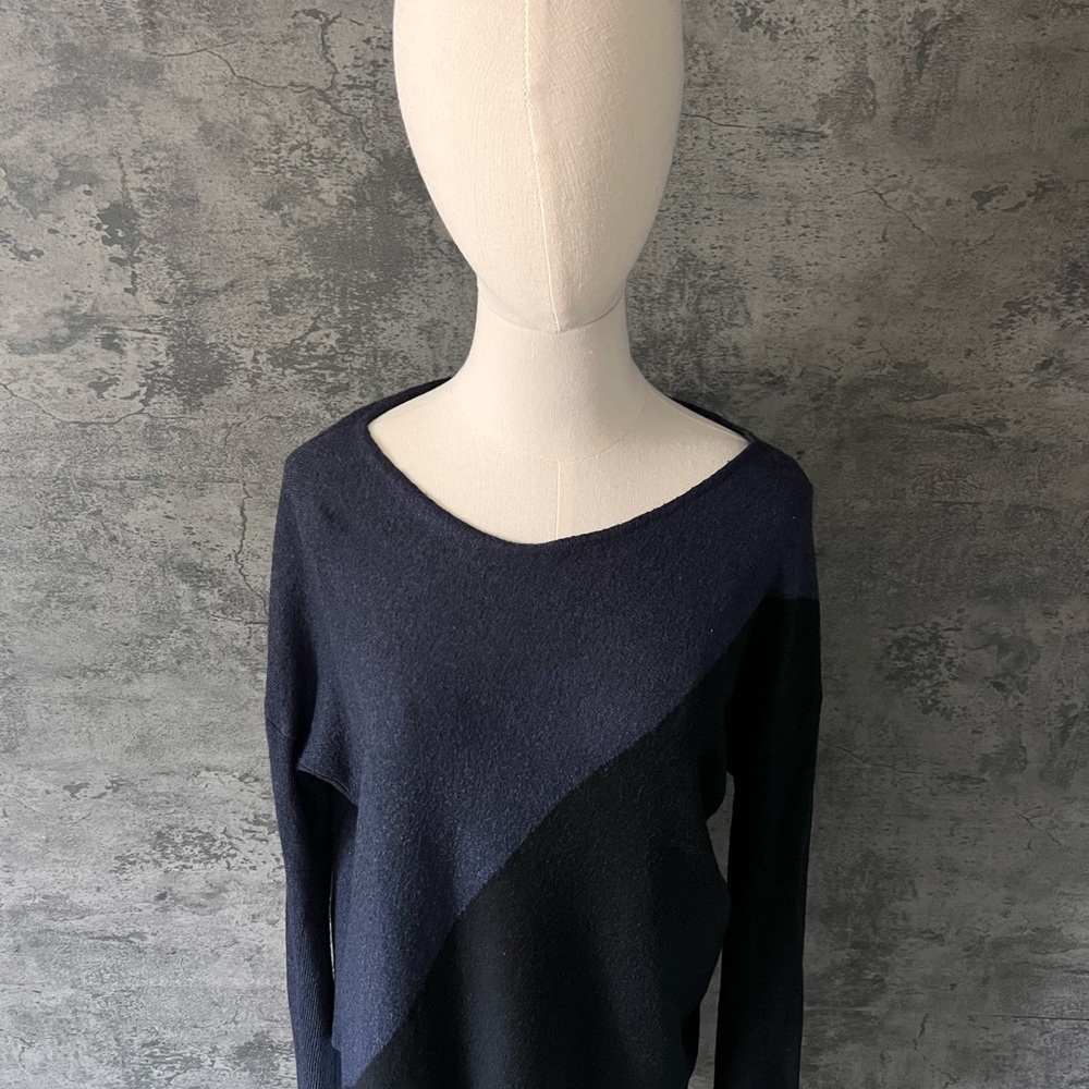 Blue and Black Crew Neck Sweater with Asymmetrical Design